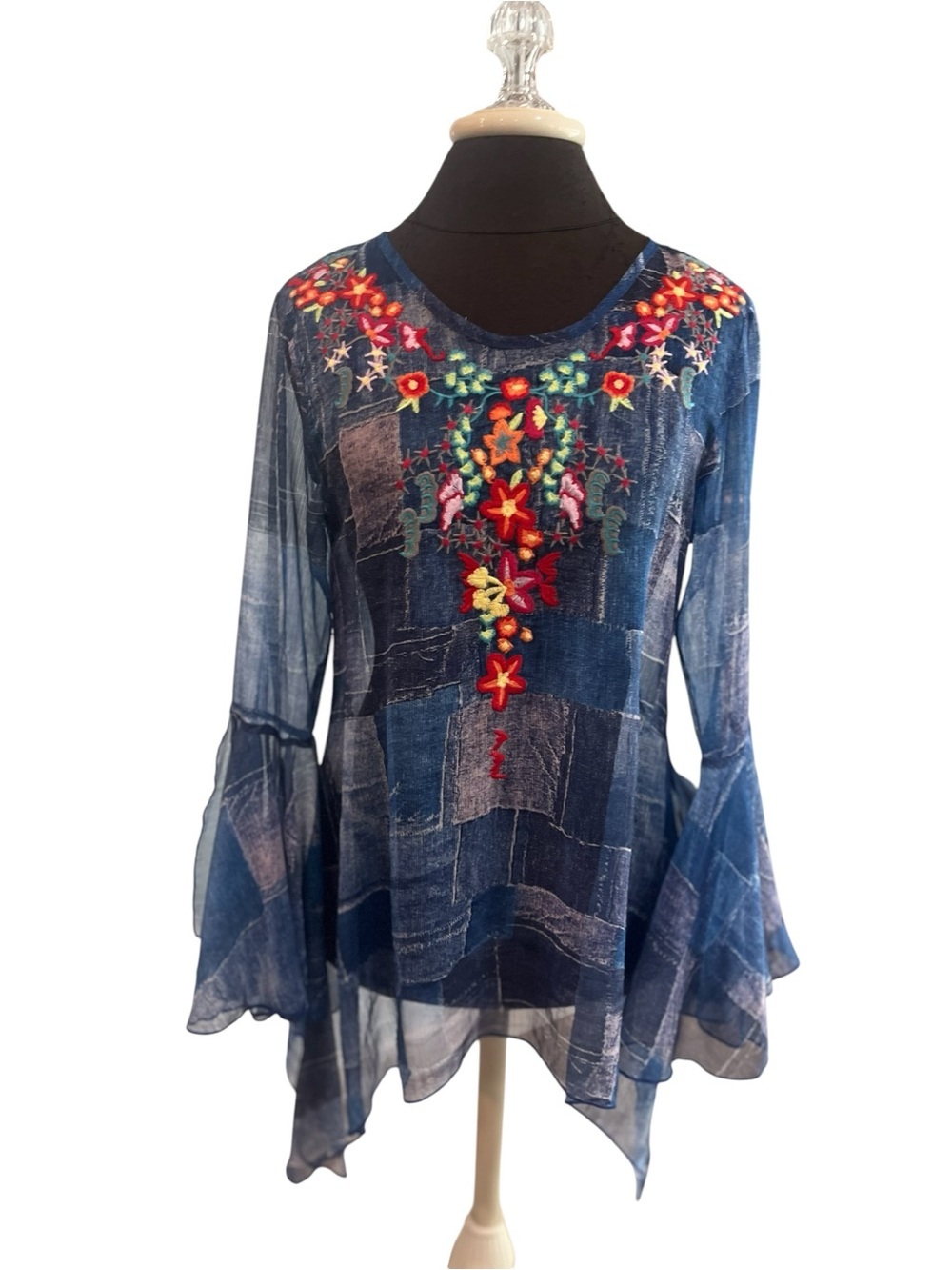 Adore Blue Chiffon Embroidered Bell Sleeve Handkerchief Hem Fairy Tunic Small
